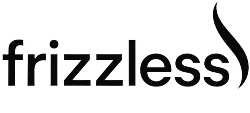 Black 'frizzless' logo with a stylized hair curl on a white background